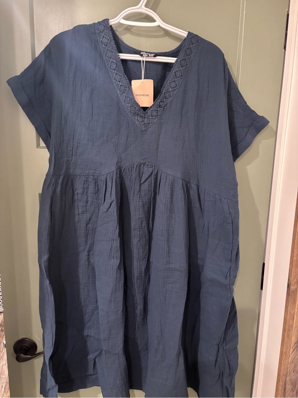 NWT- BloomChic Blue Crochet Trim V-Neck Dress